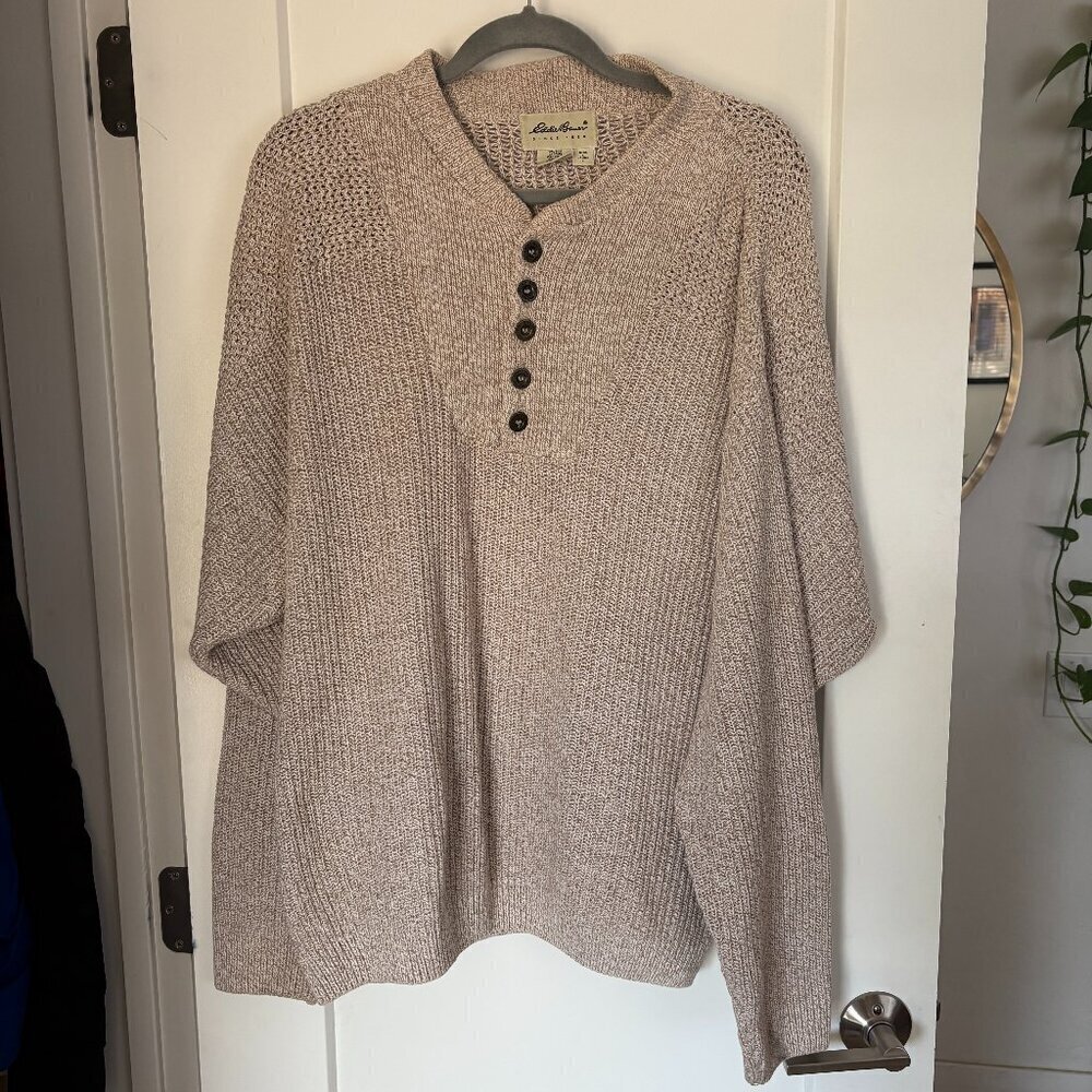 Vintage Eddie Bauer Sweater Men's Large Tan Henley Chunky Knit Outdoor Fall 90s - Picture 1 of 9
